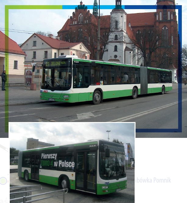 Zdjęcia archiwalne. Dwa nałożone na siebie zdjęcia autobusów marki MAN. Górne przedstawia autobus przegubowy, a dolne autobus krótki.