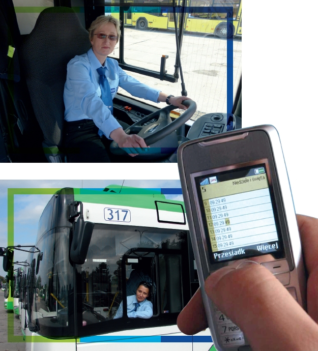 Trzy nałożone na siebie zdjęcia archiwalne. Górne i dolne przedstawiają kobiety zawodowo kierujące autobusami. Zdjęcie po prawej przedstawia telefon komórkowy, na którym jest włączona aplikacja do prezentowania odjazdów autobusów.