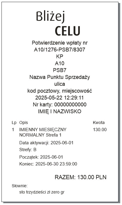 Potwierdzenie wpłaty generowane z systemu Białostockiej Komunikacji Miejskiej