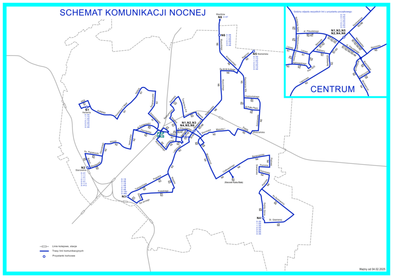 Schemat sieci nocnych linii komunikacyjnych